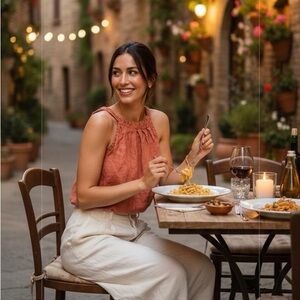 Bellambra Orange Rust Colored Tie Neck Sleeveless Linen Top